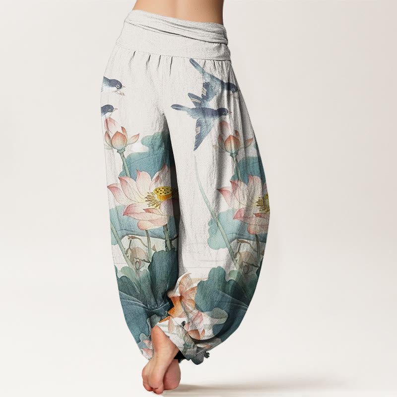 Buddha Stones Casual Summer Lotus Pond Pattern Women's Elastic Waist Harem Pants - image 3