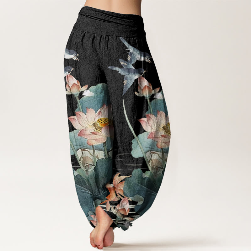 Buddha Stones Cotton Casual Summer Lotus Pond Pattern Women's Elastic Waist Harem Pants - image 6