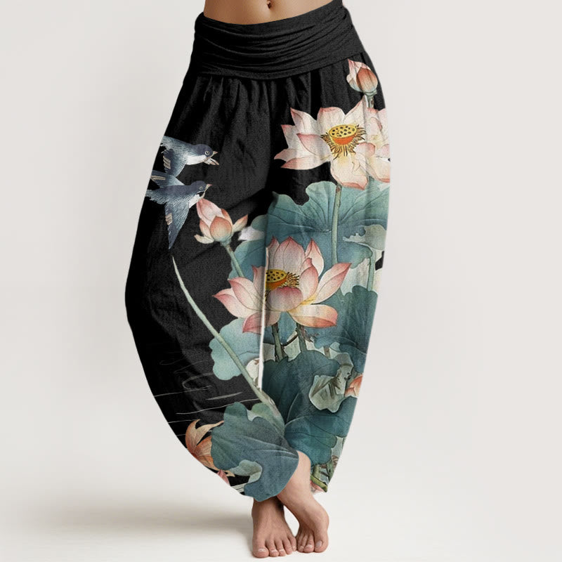 Buddha Stones Cotton Casual Summer Lotus Pond Pattern Women's Elastic Waist Harem Pants - Black - US22，UK/AU26，EU54 (6XL) - image 4
