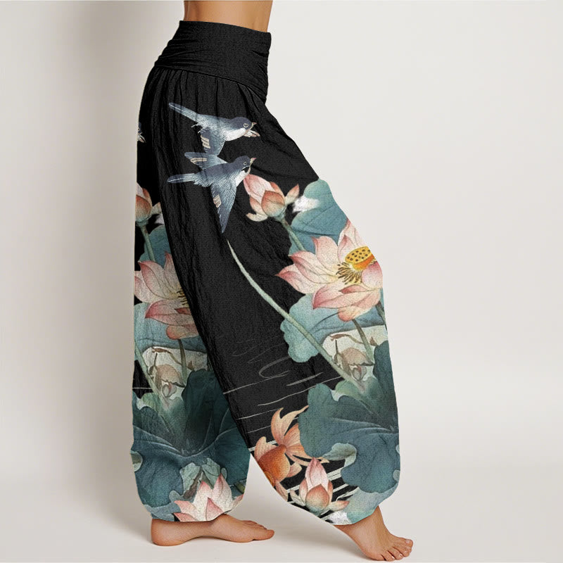 Buddha Stones Casual Summer Lotus Pond Pattern Women's Elastic Waist Harem Pants - image 6