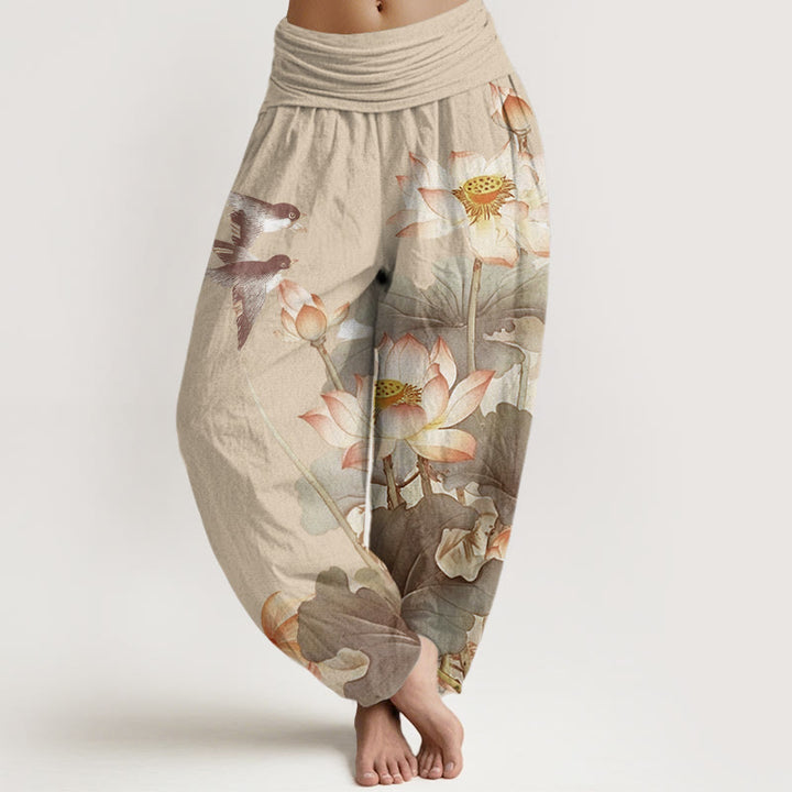 Buddha Stones Cotton Casual Summer Lotus Pond Pattern Women's Elastic Waist Harem Pants - Tan - US22，UK/AU26，EU54 (6XL) - image 7