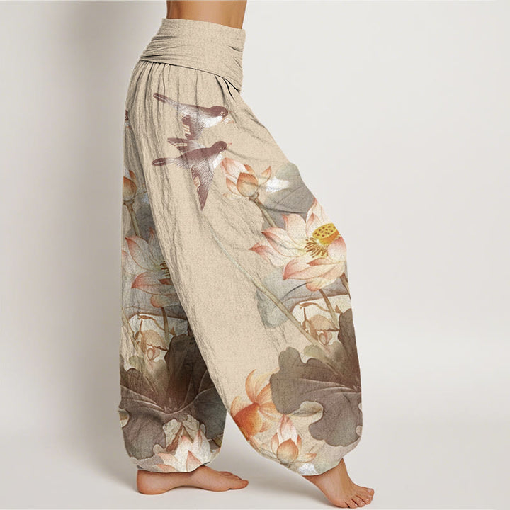 Buddha Stones Cotton Casual Summer Lotus Pond Pattern Women's Elastic Waist Harem Pants - image 8