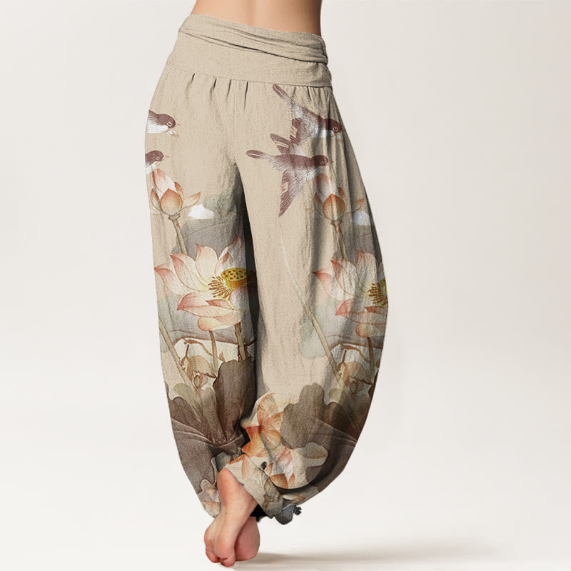 Buddha Stones Cotton Casual Summer Lotus Pond Pattern Women's Elastic Waist Harem Pants - image 9