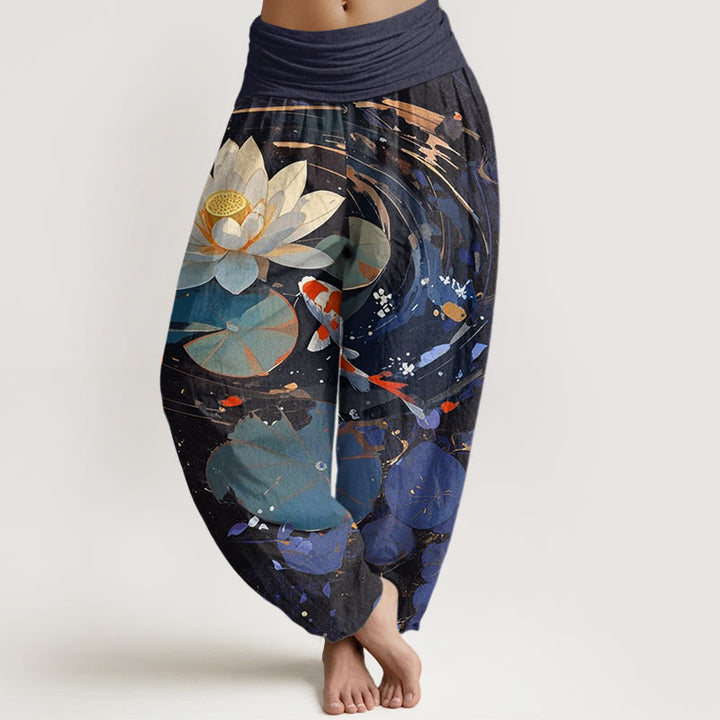 Buddha Stones Casual Summer Lotus Pond Koi Fish Pattern Women's Elastic Waist Harem Pants - DarkBlue - US22，UK/AU26，EU54 (6XL) - image 0