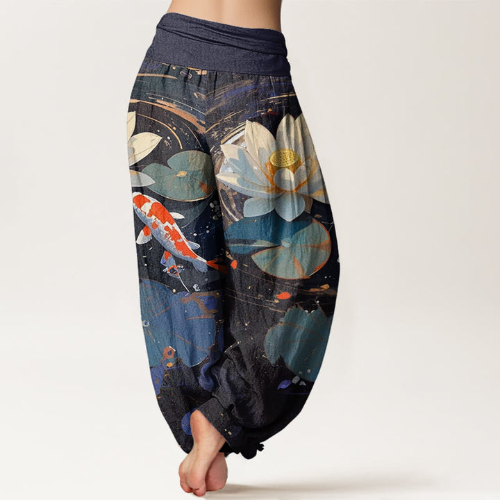 Buddha Stones Cotton Casual Summer Lotus Pond Koi Fish Pattern Women's Elastic Waist Harem Pants - image 2