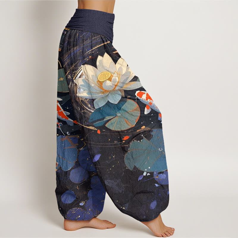 Buddha Stones Casual Summer Lotus Pond Koi Fish Pattern Women's Elastic Waist Harem Pants - image 1