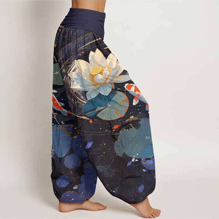 Buddha Stones Casual Summer Lotus Pond Koi Fish Pattern Women's Elastic Waist Harem Pants - image 2