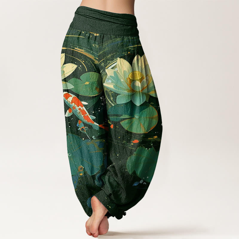 Buddha Stones Casual Summer Lotus Pond Koi Fish Pattern Women's Elastic Waist Harem Pants - image 6