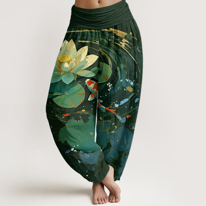 Buddha Stones Casual Summer Lotus Pond Koi Fish Pattern Women's Elastic Waist Harem Pants - DarkGreen - US22，UK/AU26，EU54 (6XL) - image 4