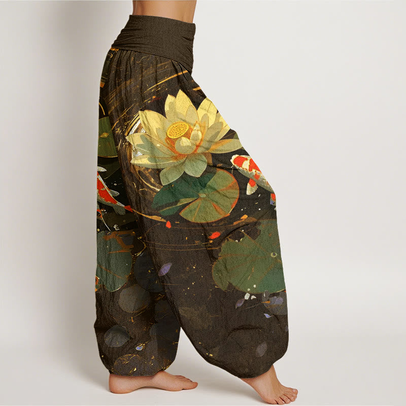 Buddha Stones Cotton Casual Summer Lotus Pond Koi Fish Pattern Women's Elastic Waist Harem Pants - image 8