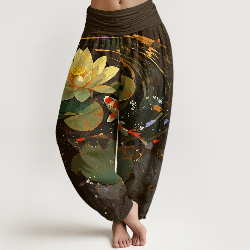 Buddha Stones Casual Summer Lotus Pond Koi Fish Pattern Women's Elastic Waist Harem Pants - SaddleBrown - US22，UK/AU26，EU54 (6XL) - image 8