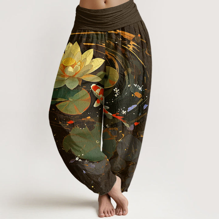 Buddha Stones Casual Summer Lotus Pond Koi Fish Pattern Women's Elastic Waist Harem Pants - SaddleBrown - US22，UK/AU26，EU54 (6XL) - image 8