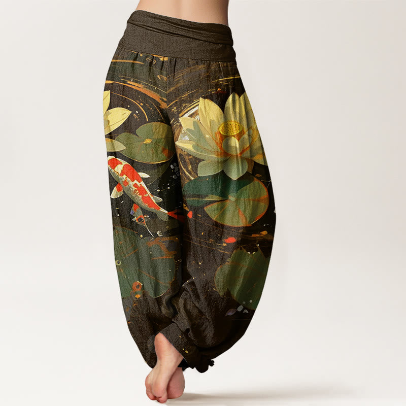Buddha Stones Cotton Casual Summer Lotus Pond Koi Fish Pattern Women's Elastic Waist Harem Pants - image 9