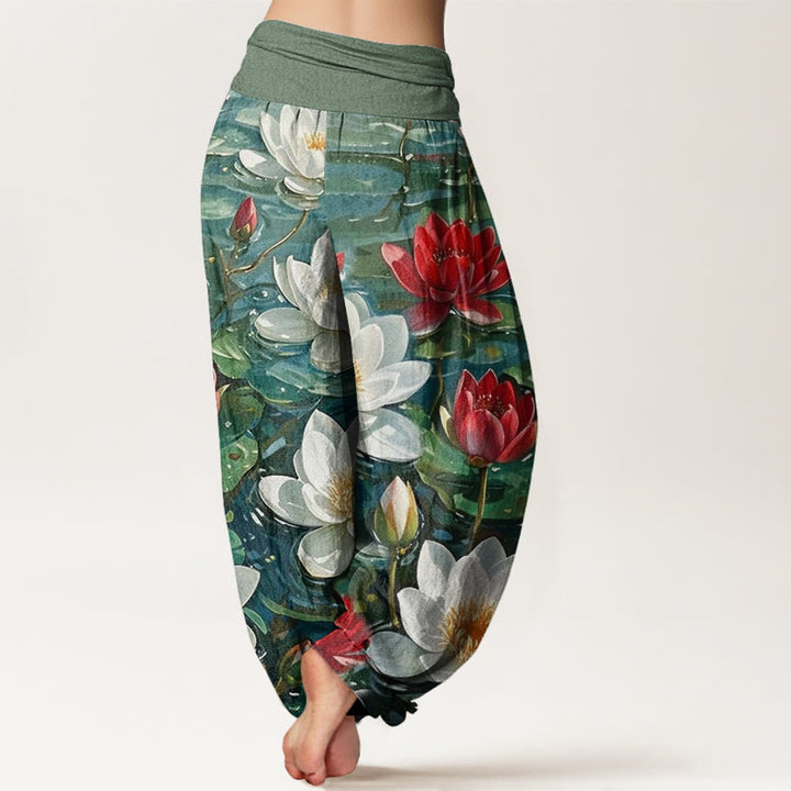 Buddha Stones Casual Blooming Red Lotus Flower Pattern Women's Elastic Waist Harem Pants - image 3