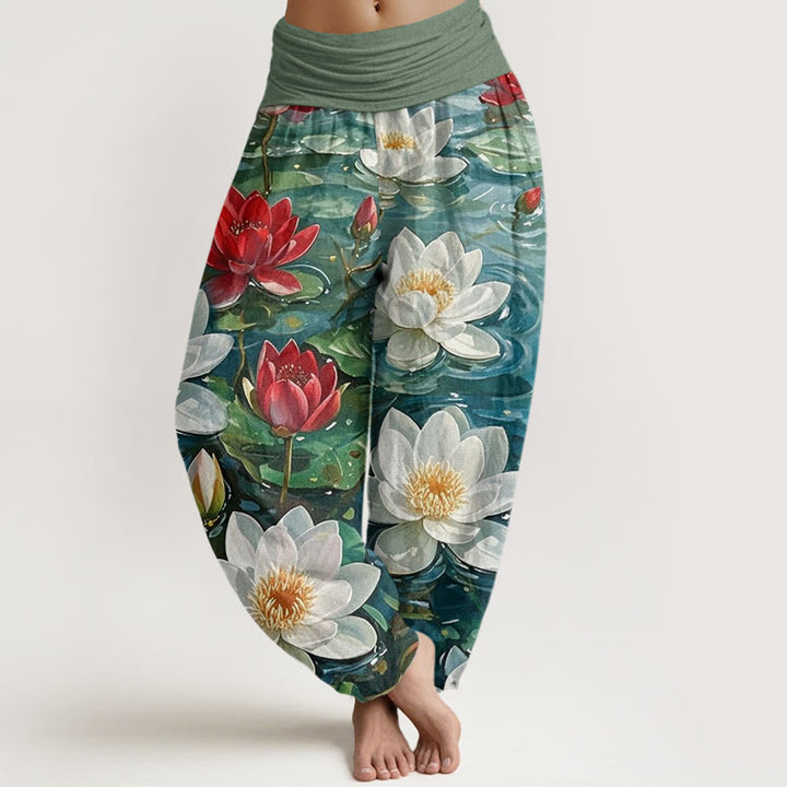 Buddha Stones Cotton Casual Blooming Red Lotus Flower Pattern Women's Elastic Waist Harem Pants - ForestGreen - US22，UK/AU26，EU54 (6XL) - image 0