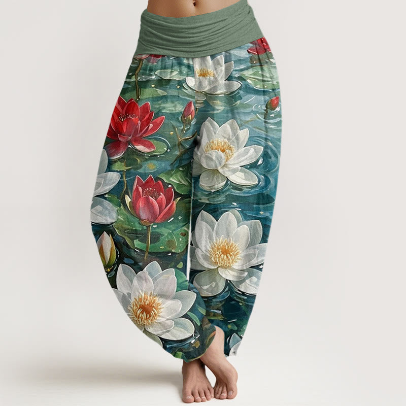 Buddha Stones Casual Blooming Red Lotus Flower Pattern Women's Elastic Waist Harem Pants - ForestGreen - US22，UK/AU26，EU54 (6XL) - image 1