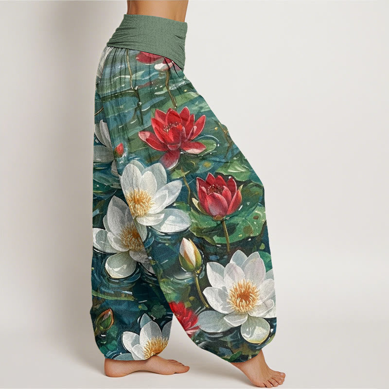 Buddha Stones Casual Blooming Red Lotus Flower Pattern Women's Elastic Waist Harem Pants - image 2