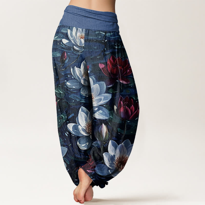 Buddha Stones Casual Blooming Red Lotus Flower Pattern Women's Elastic Waist Harem Pants - image 7