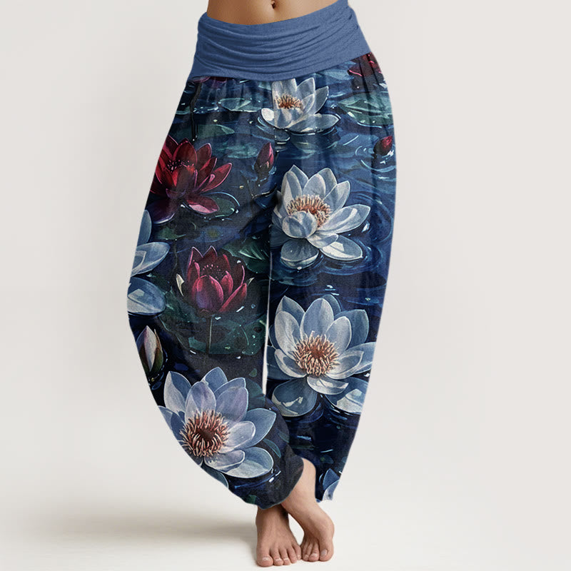 Buddha Stones Casual Blooming Red Lotus Flower Pattern Women's Elastic Waist Harem Pants - MediumBlue - US22，UK/AU26，EU54 (6XL) - image 5
