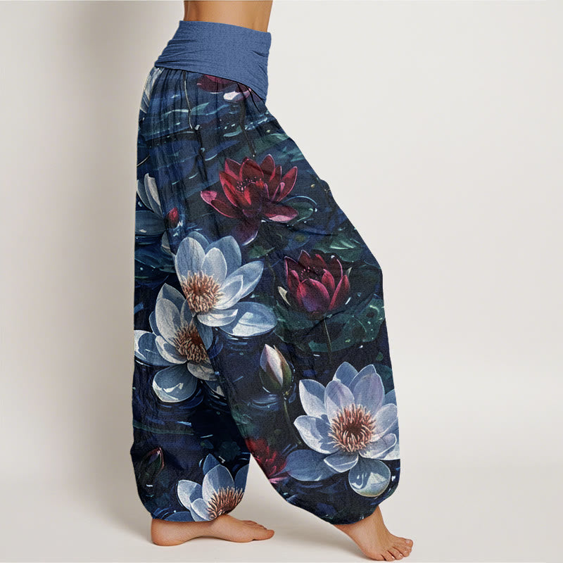 Buddha Stones Casual Blooming Red Lotus Flower Pattern Women's Elastic Waist Harem Pants - image 6