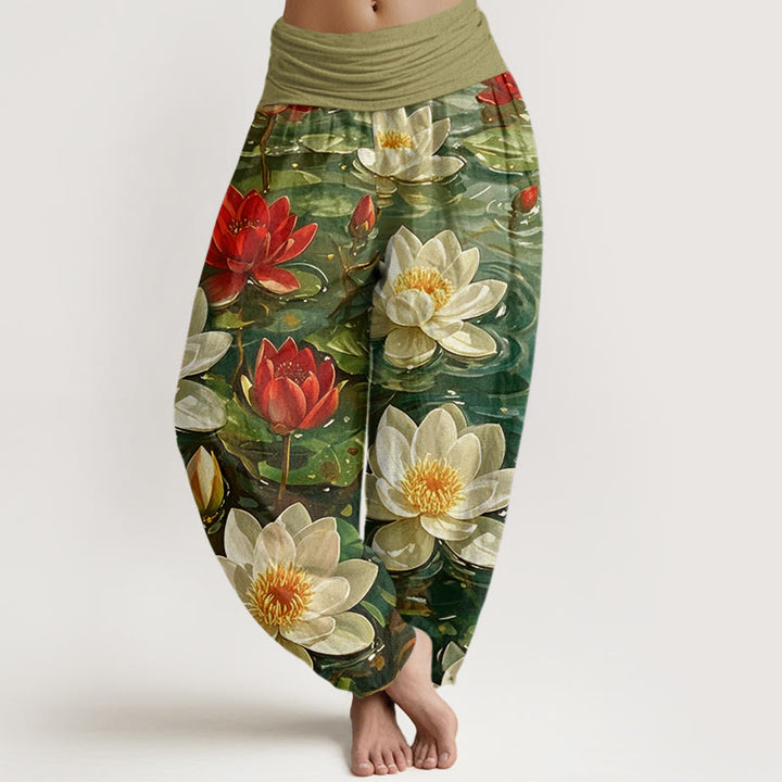 Buddha Stones Casual Blooming Red Lotus Flower Pattern Women's Elastic Waist Harem Pants - Olive - US22，UK/AU26，EU54 (6XL) - image 8
