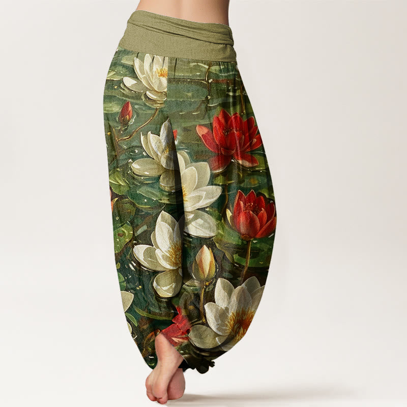 Buddha Stones Casual Blooming Red Lotus Flower Pattern Women's Elastic Waist Harem Pants - image 10