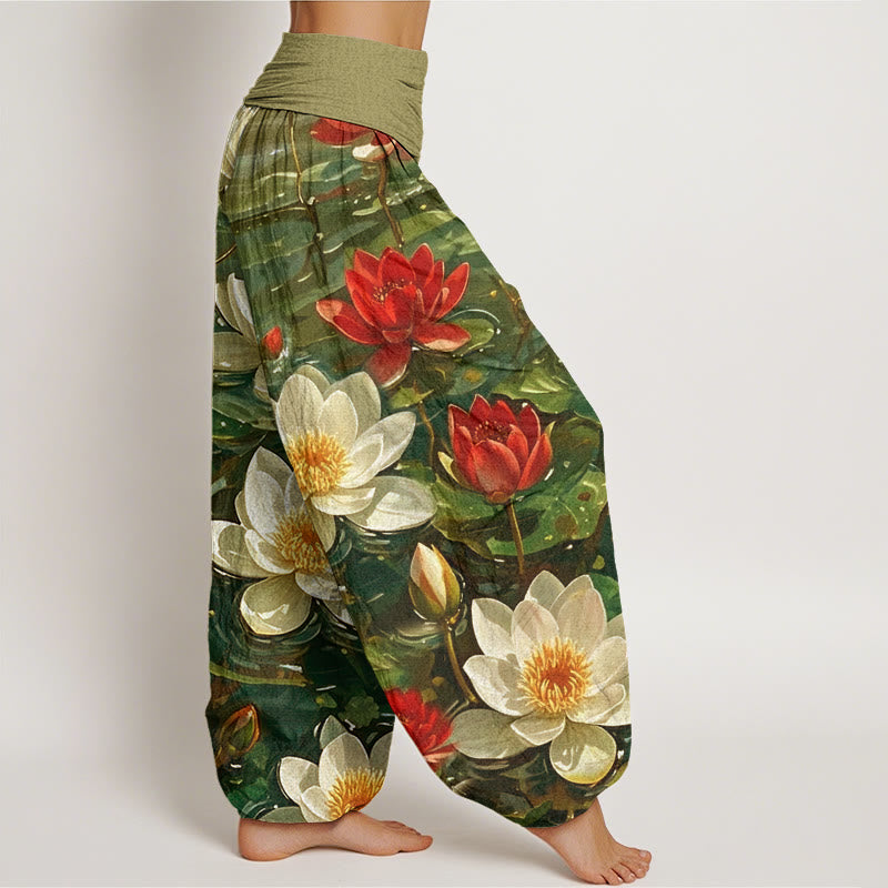 Buddha Stones Cotton Casual Blooming Red Lotus Flower Pattern Women's Elastic Waist Harem Pants - image 8