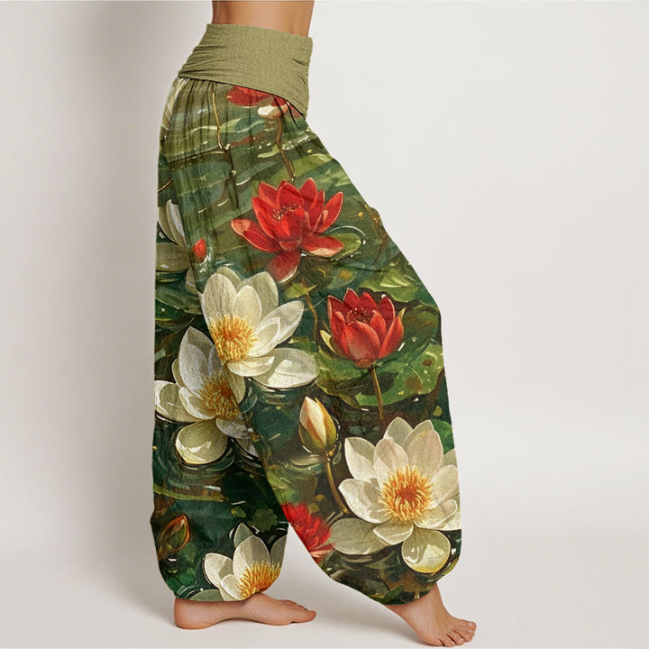 Buddha Stones Casual Blooming Red Lotus Flower Pattern Women's Elastic Waist Harem Pants - image 9