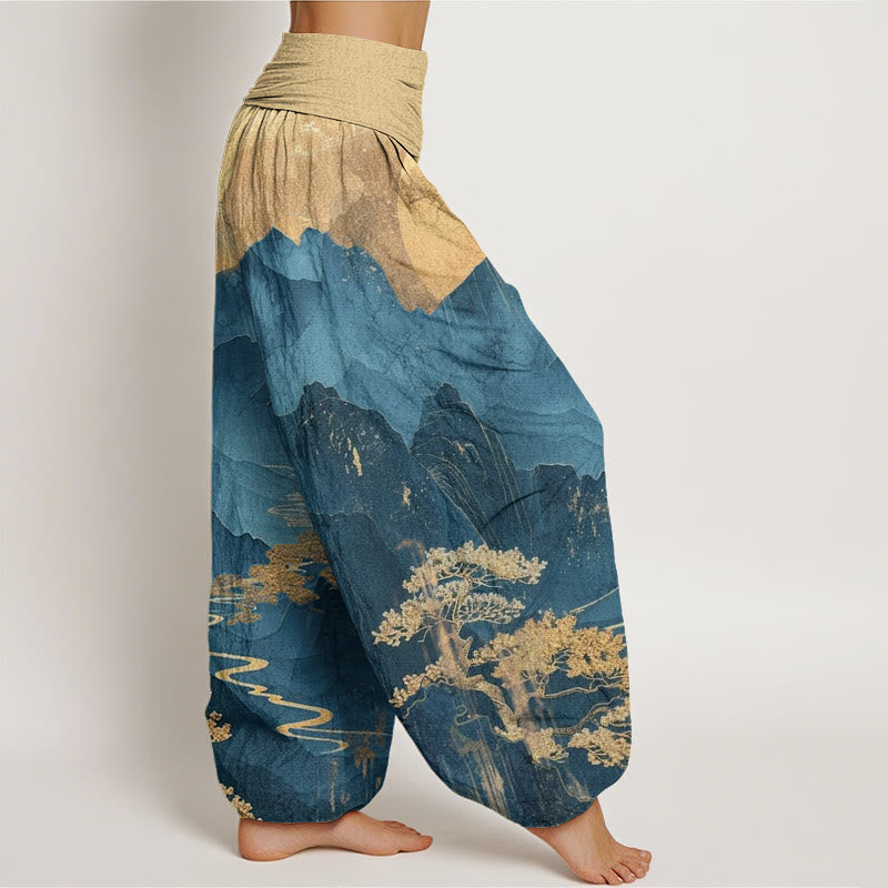 Buddha Stones Casual Mountains Trees Branches Pattern Women's Elastic Waist Harem Pants - image 1