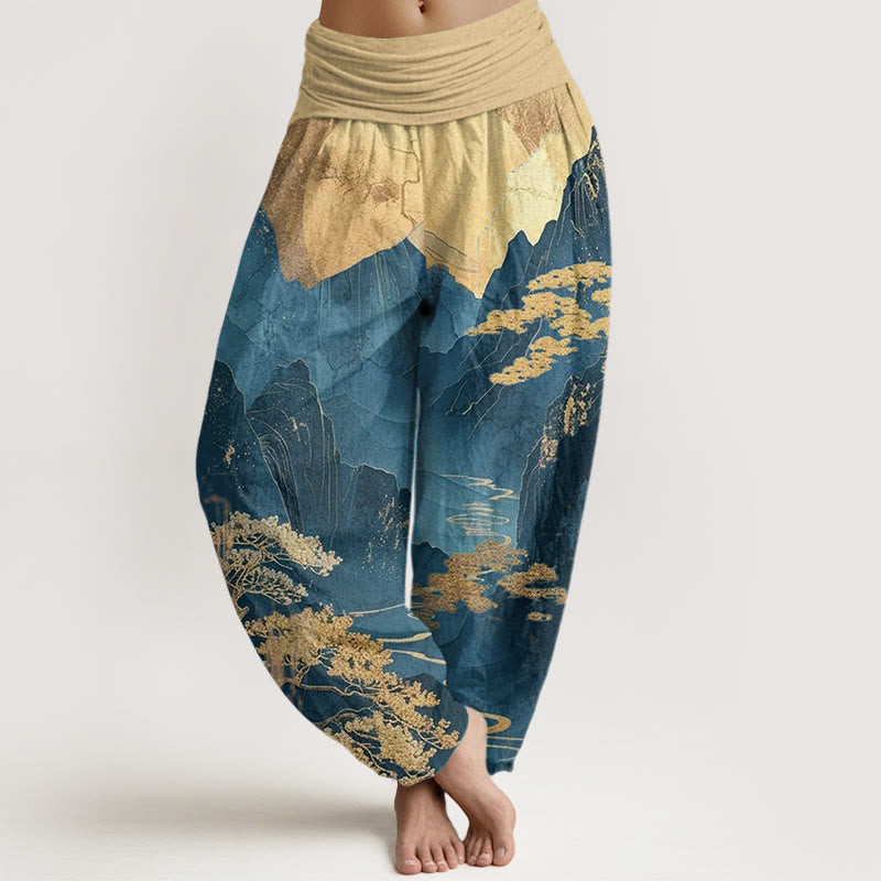 Buddha Stones Casual Mountains Trees Branches Pattern Women's Elastic Waist Harem Pants - SteelBlue - US22，UK/AU26，EU54 (6XL) - image 1