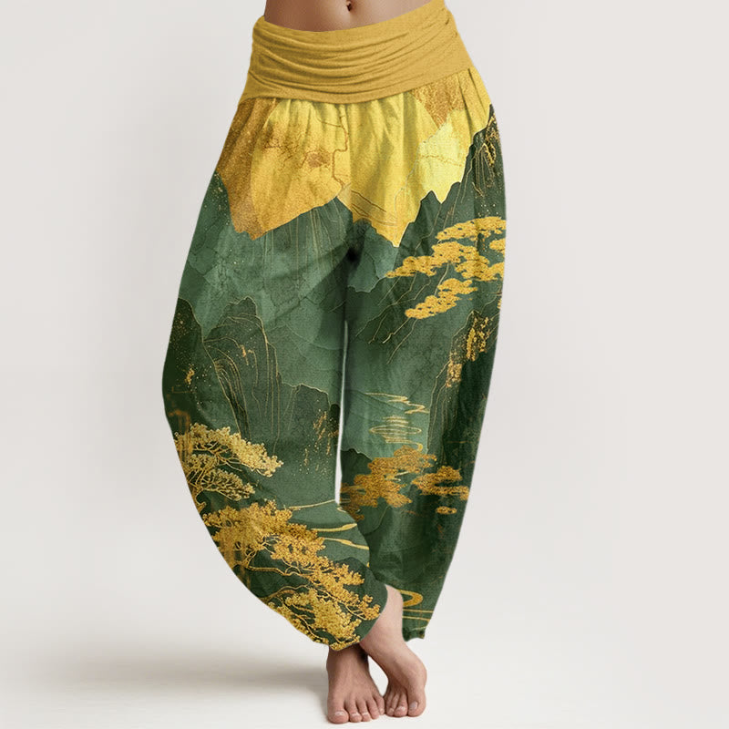 Buddha Stones Casual Mountains Trees Branches Pattern Women's Elastic Waist Harem Pants - Green - US22，UK/AU26，EU54 (6XL) - image 4