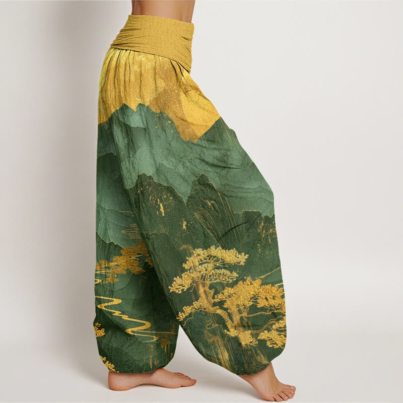 Buddha Stones Casual Mountains Trees Branches Pattern Women's Elastic Waist Harem Pants - image 6