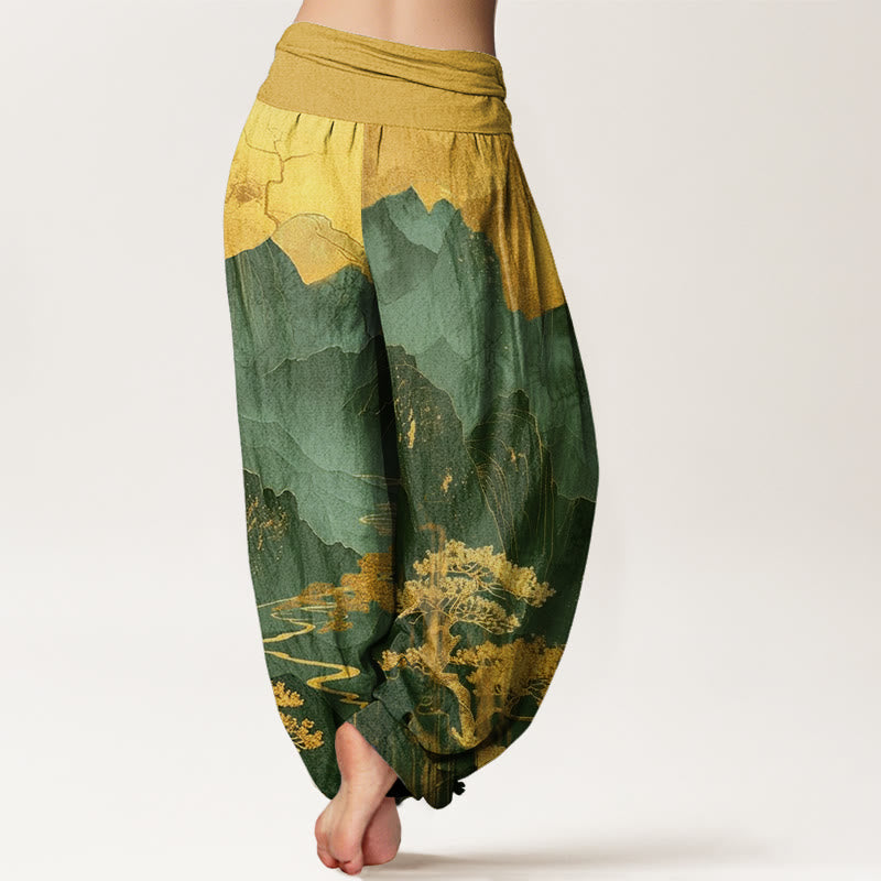 Buddha Stones Casual Mountains Trees Branches Pattern Women's Elastic Waist Harem Pants - image 7
