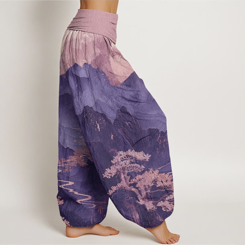 Buddha Stones Casual Mountains Trees Branches Pattern Women's Elastic Waist Harem Pants - image 9