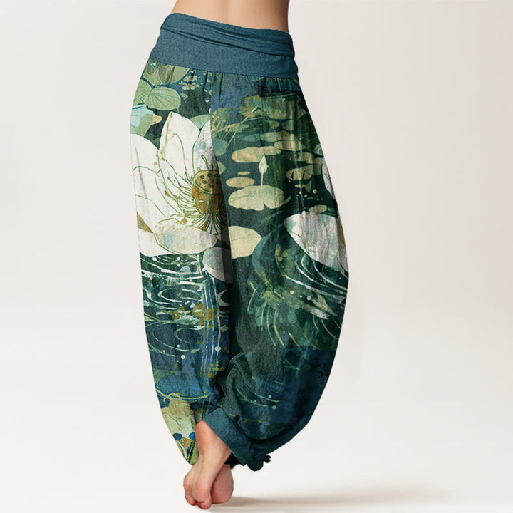 Buddha Stones Cotton Casual Charming Lotus Flower Pattern Women's Elastic Waist Harem Pants - image 2