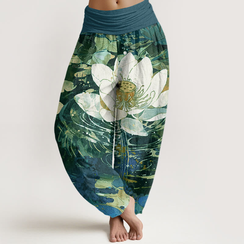 Buddha Stones Casual Charming Lotus Flower Pattern Women's Elastic Waist Harem Pants - SeaGreen - US22，UK/AU26，EU54 (6XL) - image 1