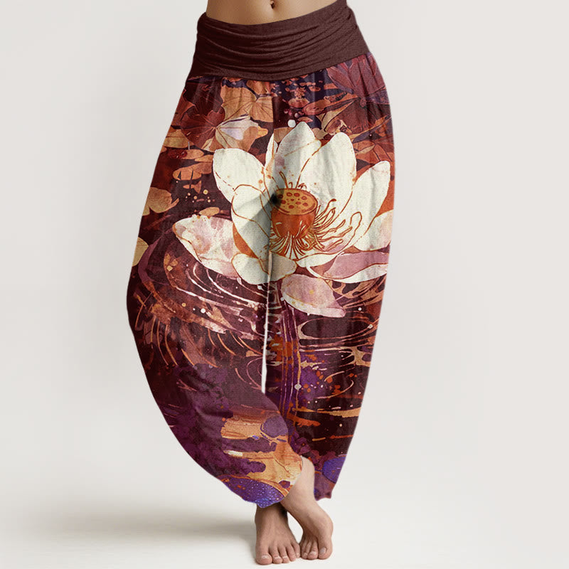 Buddha Stones Cotton Casual Charming Lotus Flower Pattern Women's Elastic Waist Harem Pants - Brown - US22，UK/AU26，EU54 (6XL) - image 4