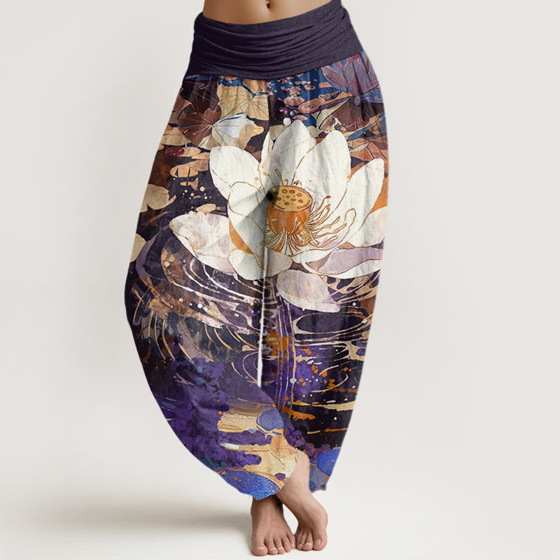 Buddha Stones Casual Charming Lotus Flower Pattern Women's Elastic Waist Harem Pants - Indigo - US22，UK/AU26，EU54 (6XL) - image 8