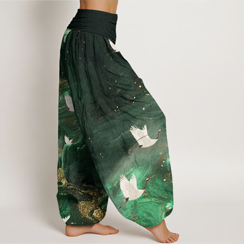 Buddha Stones Cotton Casual Flying Crane Pattern Women's Elastic Waist Harem Pants - image 1