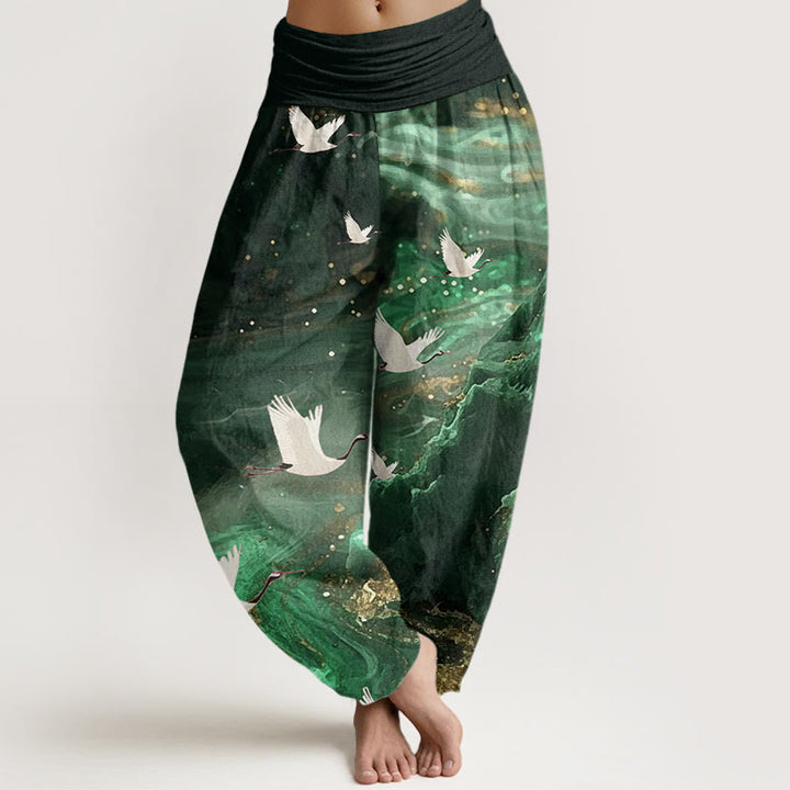 Buddha Stones Cotton Casual Flying Crane Pattern Women's Elastic Waist Harem Pants - ForestGreen - US22，UK/AU26，EU54 (6XL) - image 0