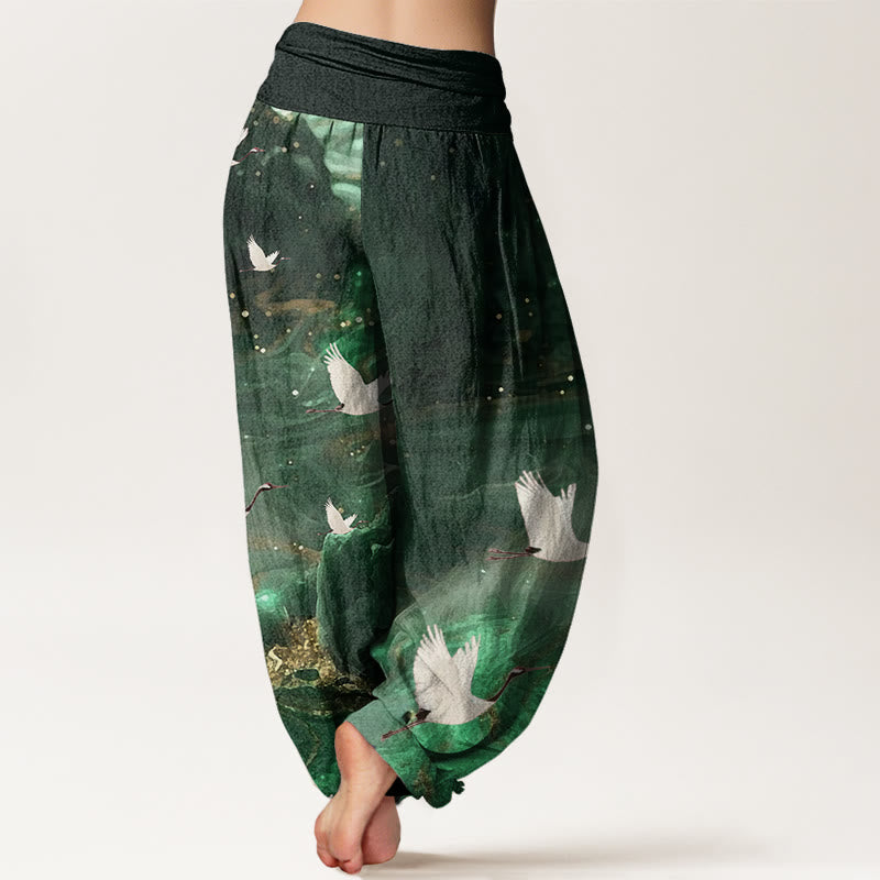 Buddha Stones Casual Flying Crane Pattern Women's Elastic Waist Harem Pants - image 3