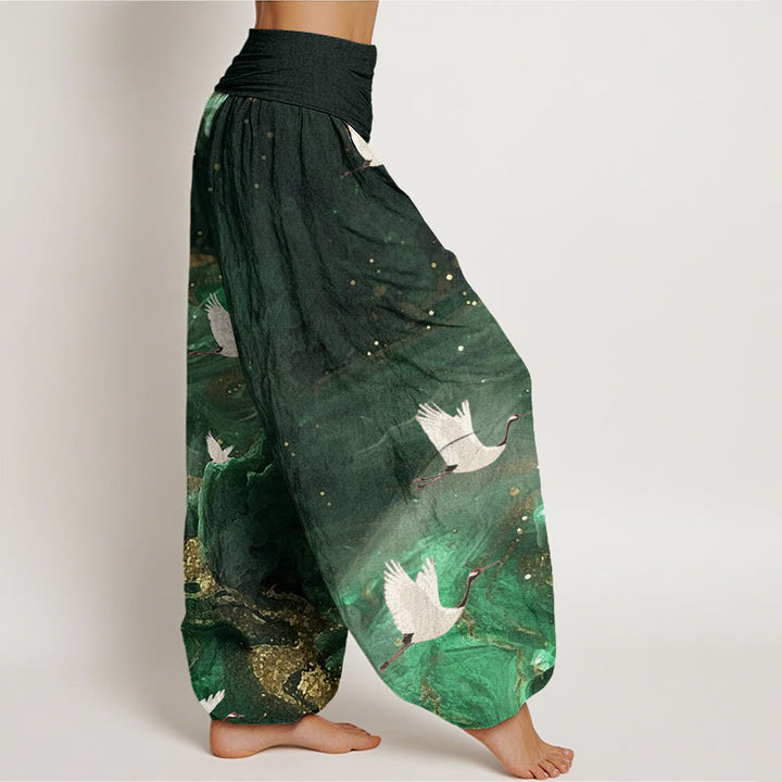Buddha Stones Casual Flying Crane Pattern Women's Elastic Waist Harem Pants - image 1
