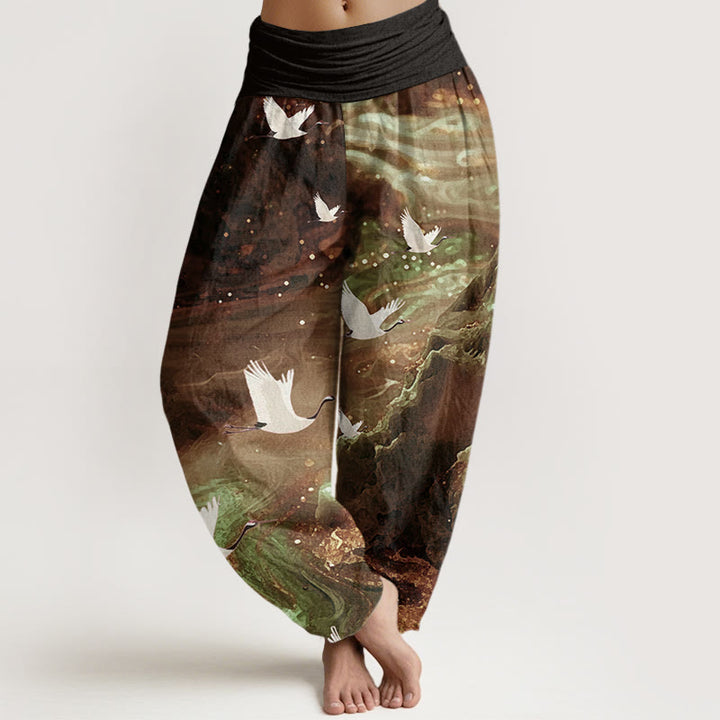 Buddha Stones Casual Flying Crane Pattern Women's Elastic Waist Harem Pants - SaddleBrown - US22，UK/AU26，EU54 (6XL) - image 4