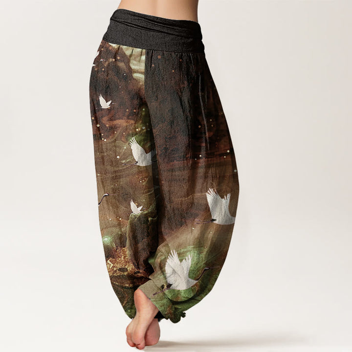 Buddha Stones Casual Flying Crane Pattern Women's Elastic Waist Harem Pants - image 7