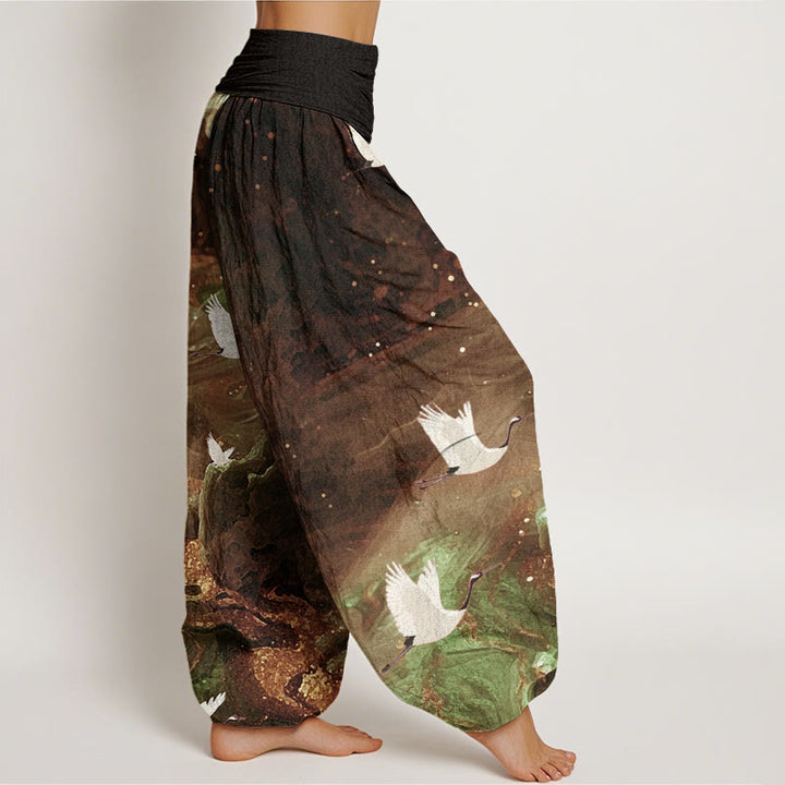 Buddha Stones Cotton Casual Flying Crane Pattern Women's Elastic Waist Harem Pants - image 5