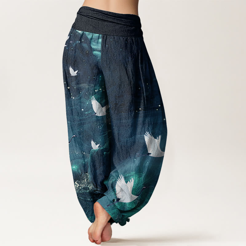 Buddha Stones Cotton Casual Flying Crane Pattern Women's Elastic Waist Harem Pants - image 9