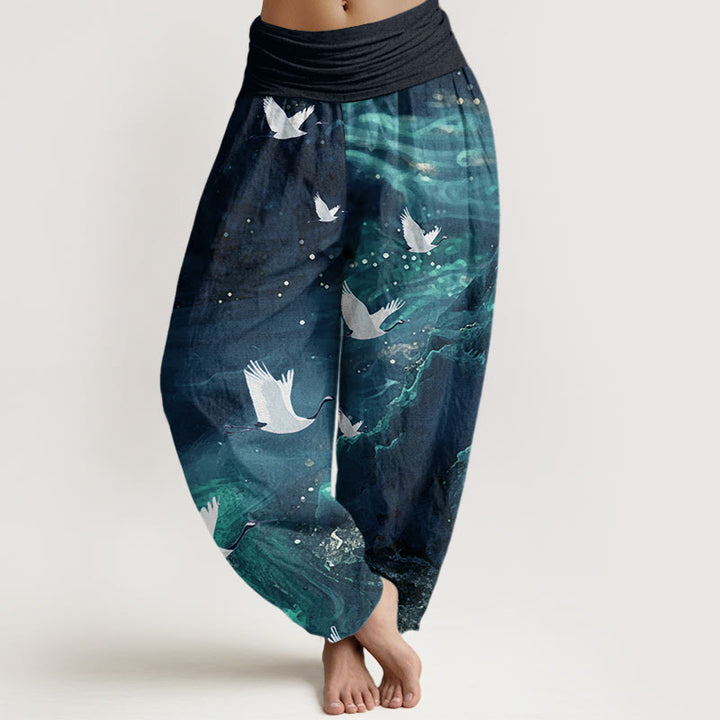 Buddha Stones Cotton Casual Flying Crane Pattern Women's Elastic Waist Harem Pants - MidnightBlue - US22，UK/AU26，EU54 (6XL) - image 7