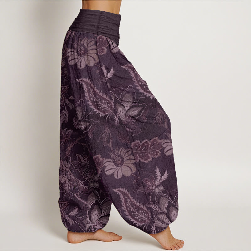 Buddha Stones Pure Cotton Casual Floral Leaves Women's Elastic Waist Harem Pants