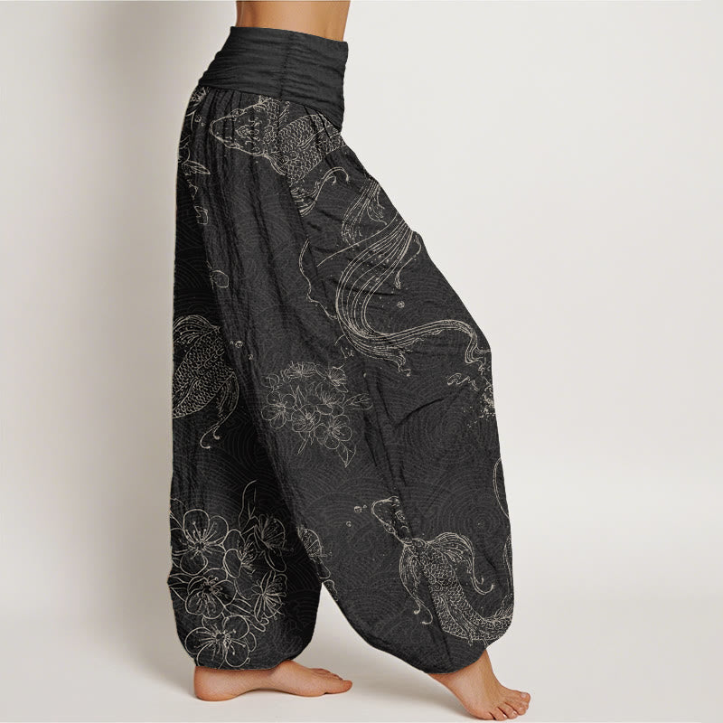 Buddha Stones Pure Cotton Koi Fish Floral Pattern Women's Elastic Waist Harem Pants - image 2