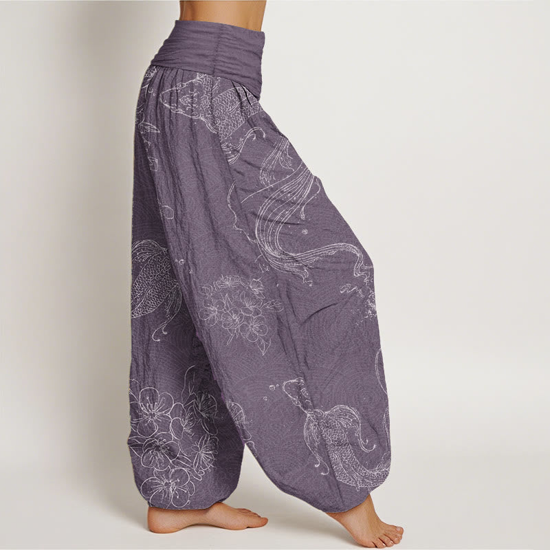 Buddha Stones Pure Cotton Koi Fish Floral Pattern Women's Elastic Waist Harem Pants - image 7